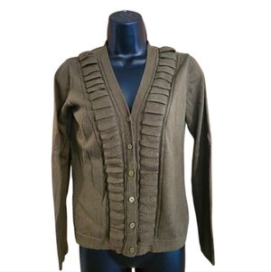 Liz Claiborne Olive Green Knit Cardigan with Textured Ruffle Details Layering
